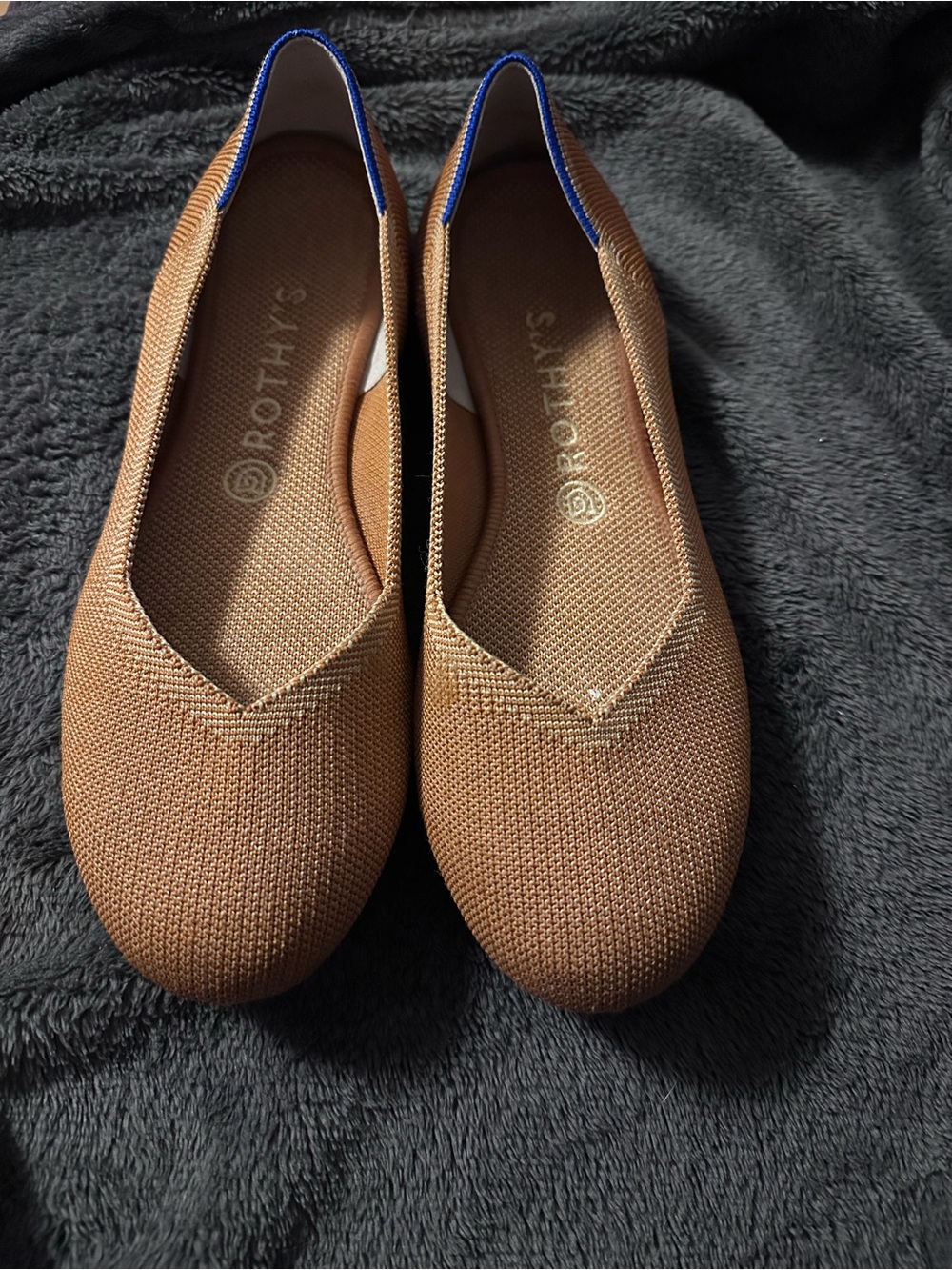 Rothy's Fawn Knit Pointed Ballet Flat with Blue Trim